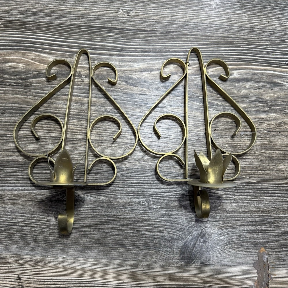 Vintage Brass Colored Metal Wall Candlestick Holders Set Of 2